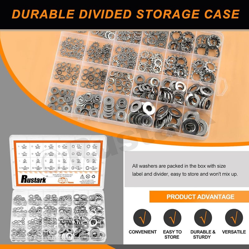 Rustark 400Pcs 6 Sizes 304 Stainless Steel SAE External & Internal Star Washers & Split Lock Washers & Flat Washer Assortment Kit Spring Lock Washer for Home Industry Construction - Image 5